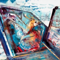 Stag Horn Through Windshield #2, 32x47'', Oil on Mi-Tientes, 2018